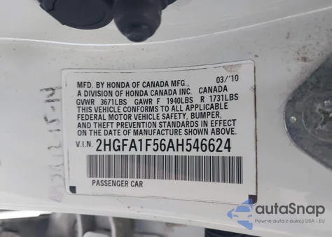 2010 Honda Civic Lx from USA, damaged, VIN 2HGFA1F56AH546624